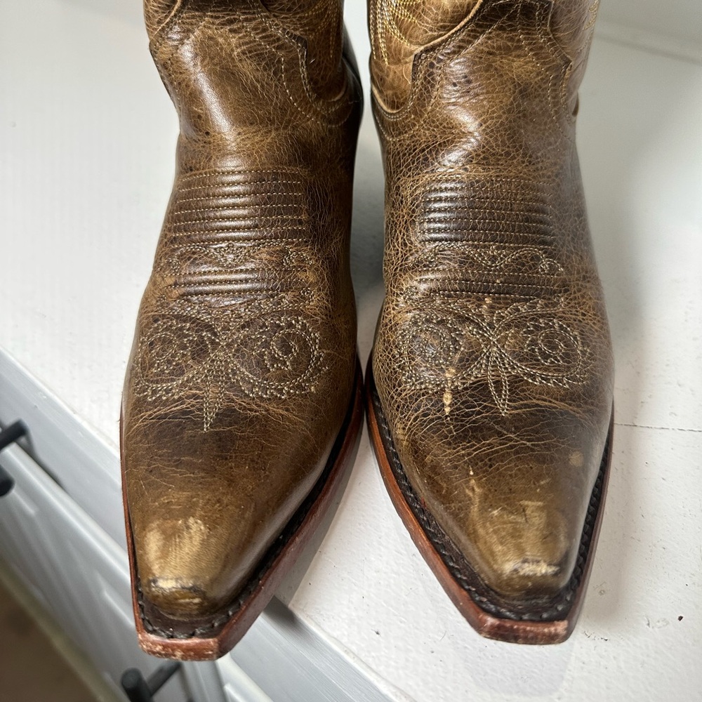 Justin Western Boots Womens 7.5B Brown Leather Cowboy Boots Embroidered Classic - Picture 3 of 8